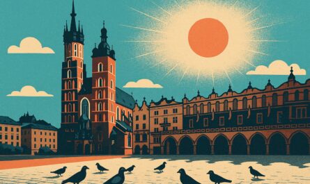 Illustration affiche vintage de la vieille ville de Cracovie, point de départ d'un voyage de 3 jours vers Auschwitz