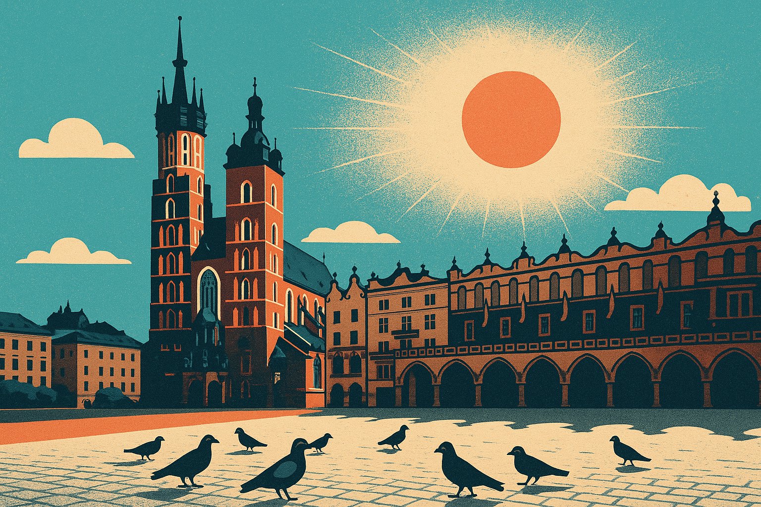 Illustration affiche vintage de la vieille ville de Cracovie, point de départ d'un voyage de 3 jours vers Auschwitz
