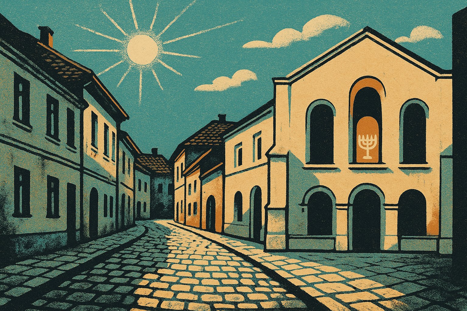 Illustration façon affiche vintage du quartier juif historique de Kazimierz à Cracovie, atmosphère de recueillement