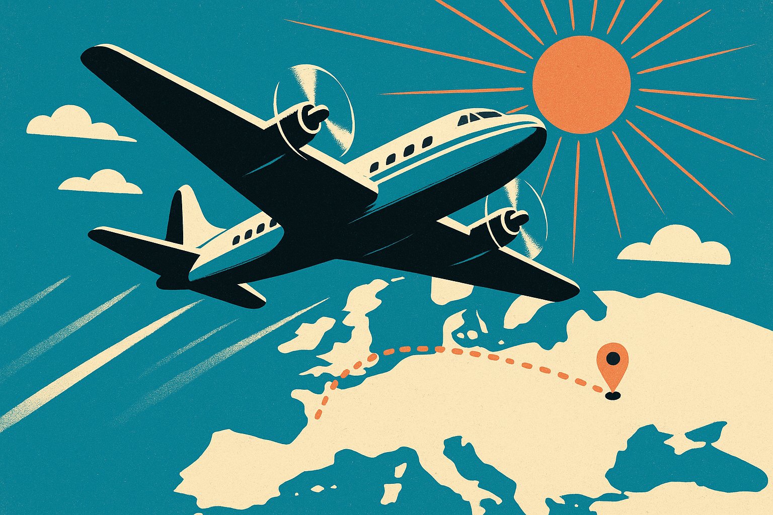 Illustration façon affiche vintage d'un avion reliant la France à la Pologne pour un voyage vers Cracovie et Auschwitz