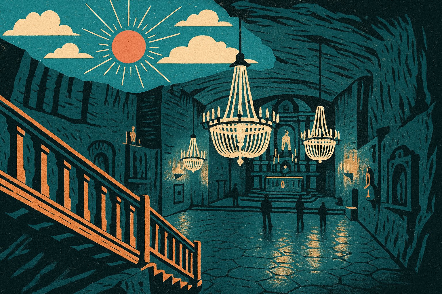 Illustration façon affiche vintage de la chapelle souterraine sculptée dans le sel de la mine de Wieliczka près de Cracovie