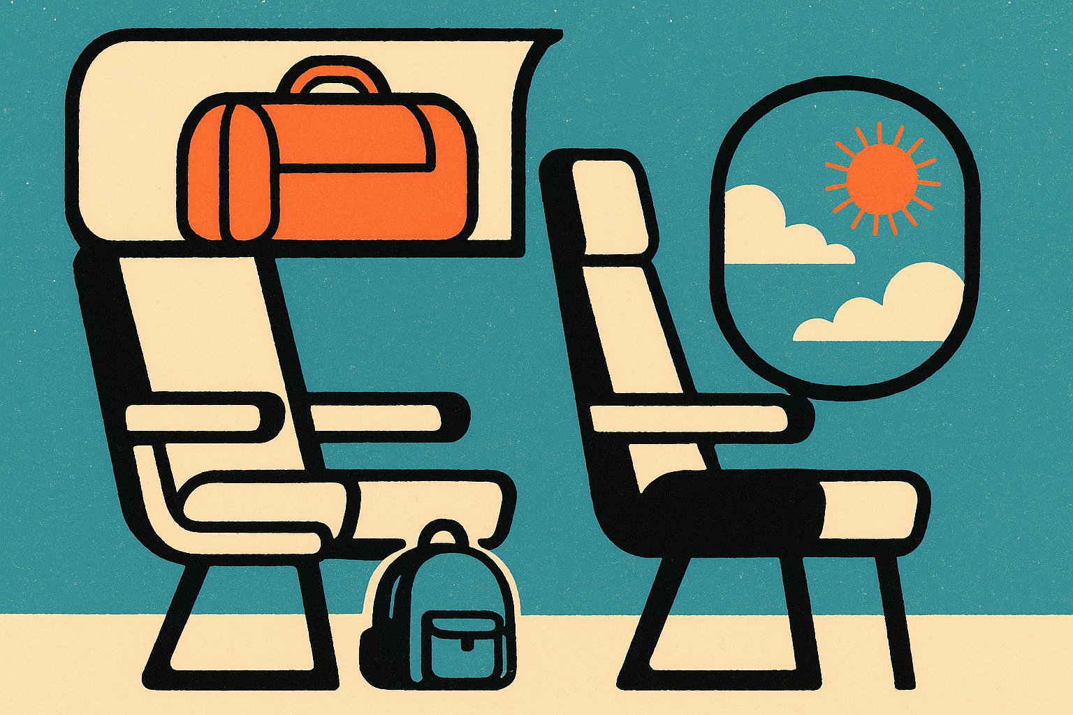 Illustration vintage en coupe d'une cabine d'avion : petit sac à dos sous le siège et grand bagage dans le coffre supérieur
