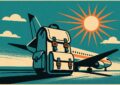 Sac a dos de voyage cabine illustration affiche vintage devant un avion