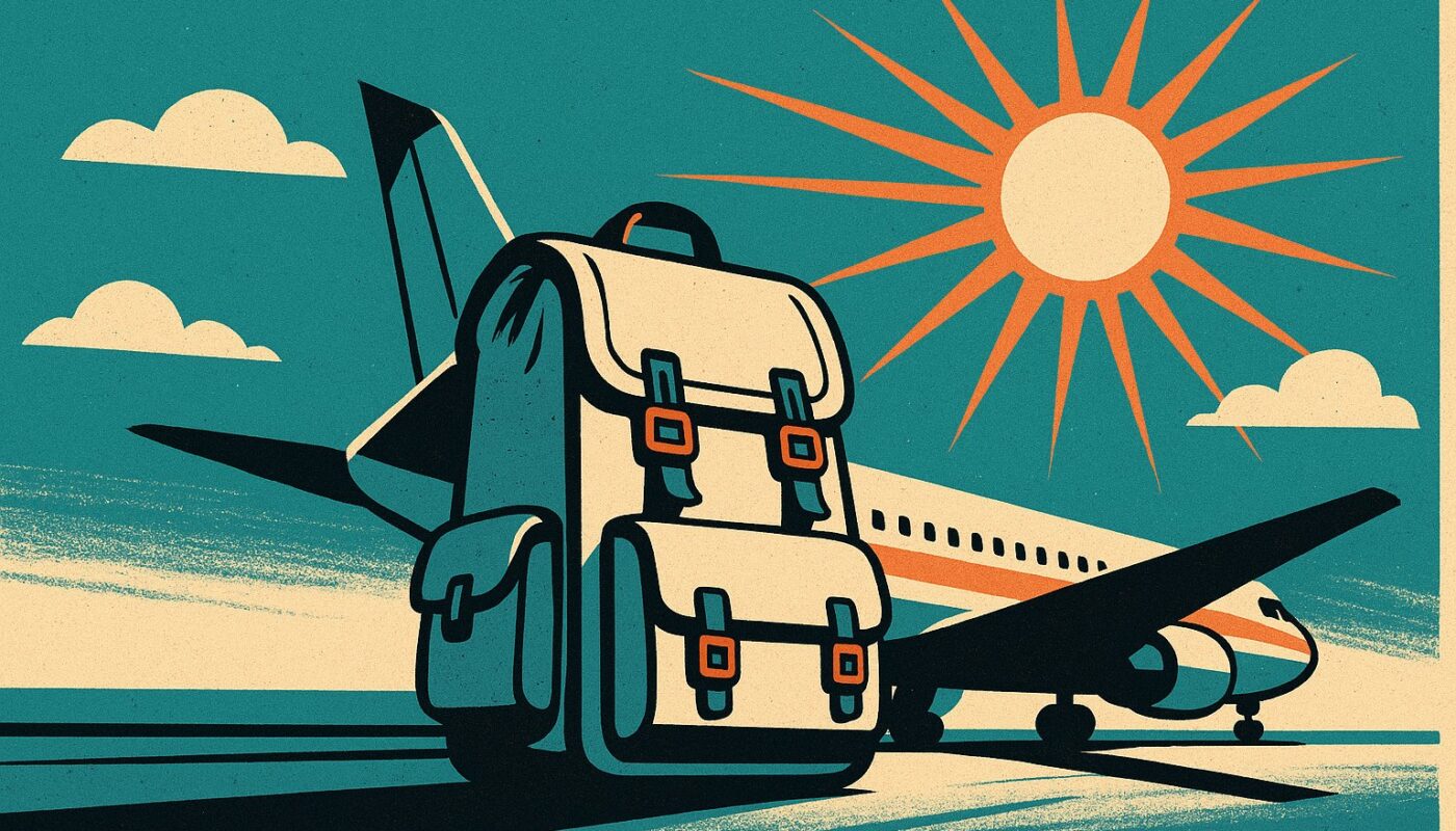 Sac a dos de voyage cabine illustration affiche vintage devant un avion