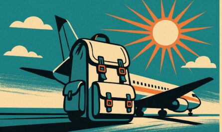 Sac a dos de voyage cabine illustration affiche vintage devant un avion