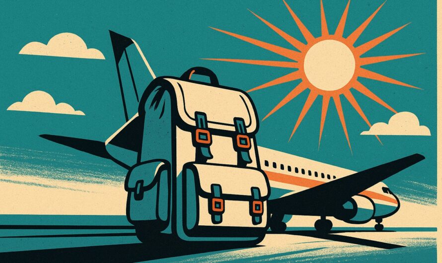 Sac a dos de voyage cabine illustration affiche vintage devant un avion