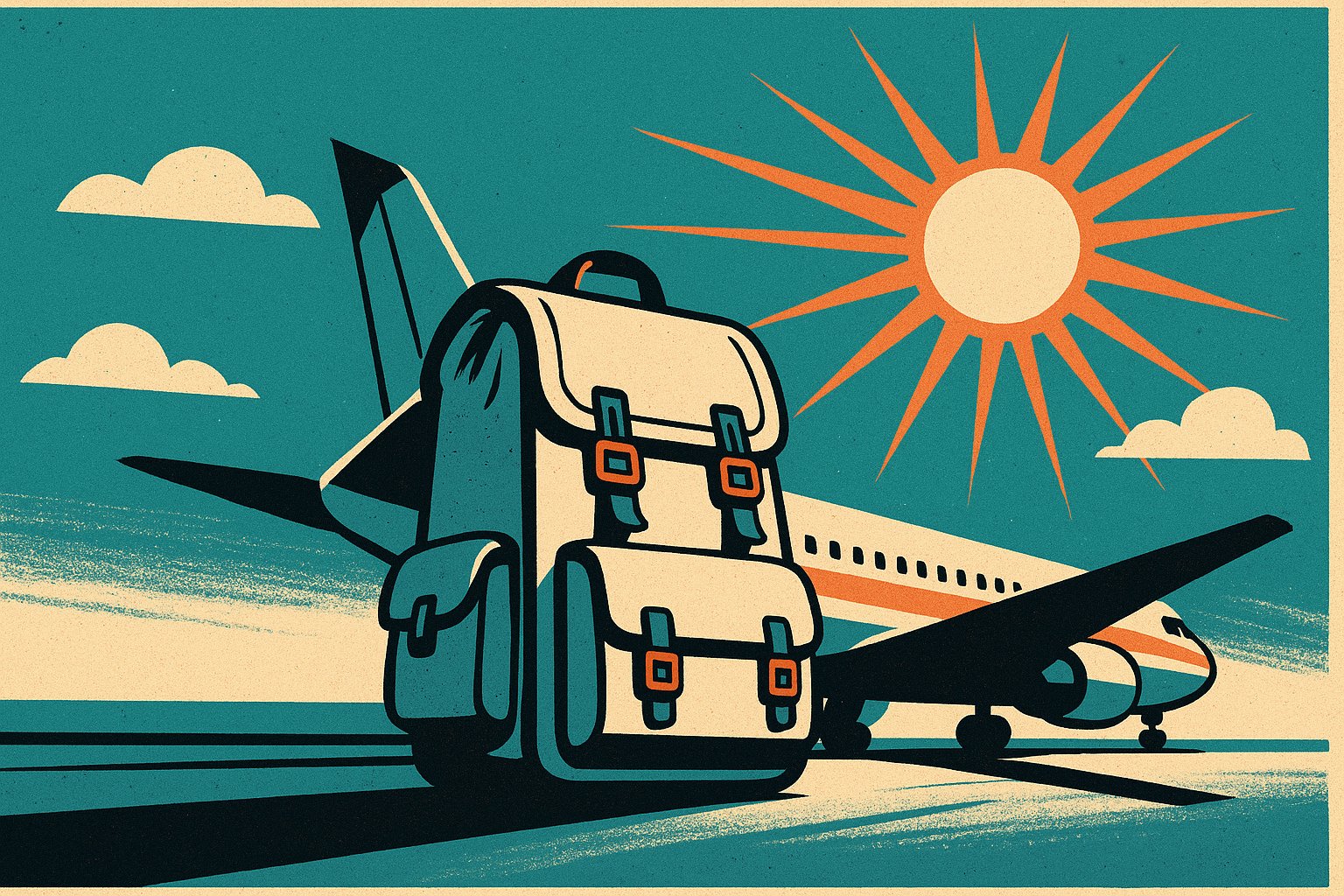 Sac a dos de voyage cabine illustration affiche vintage devant un avion