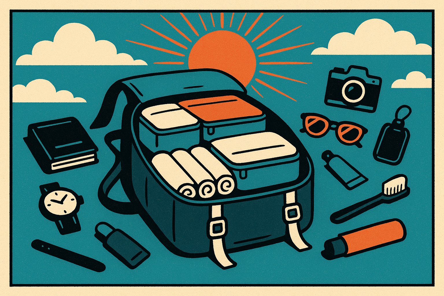 Illustration vintage d'un sac à dos cabine ouvert, rempli de vêtements roulés et de cubes de rangement
