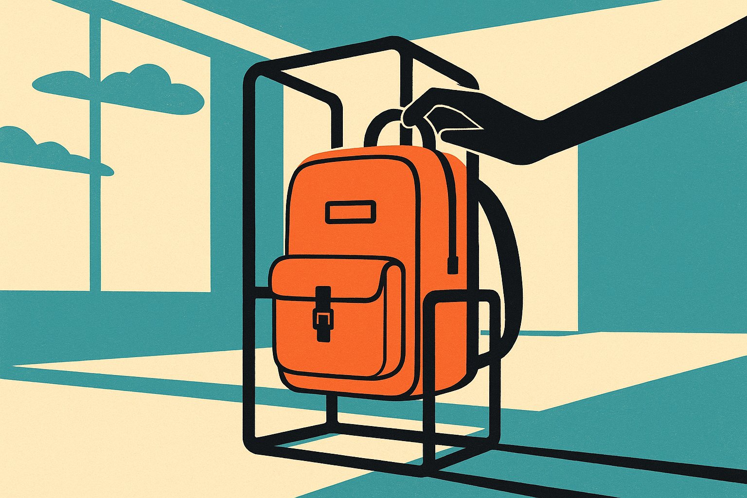 Illustration vintage d'un sac à dos cabine glissé dans le gabarit métallique de mesure d'un aéroport