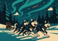 Traineau de chiens huskies filant sous une aurore boreale en Laponie, illustration affiche vintage