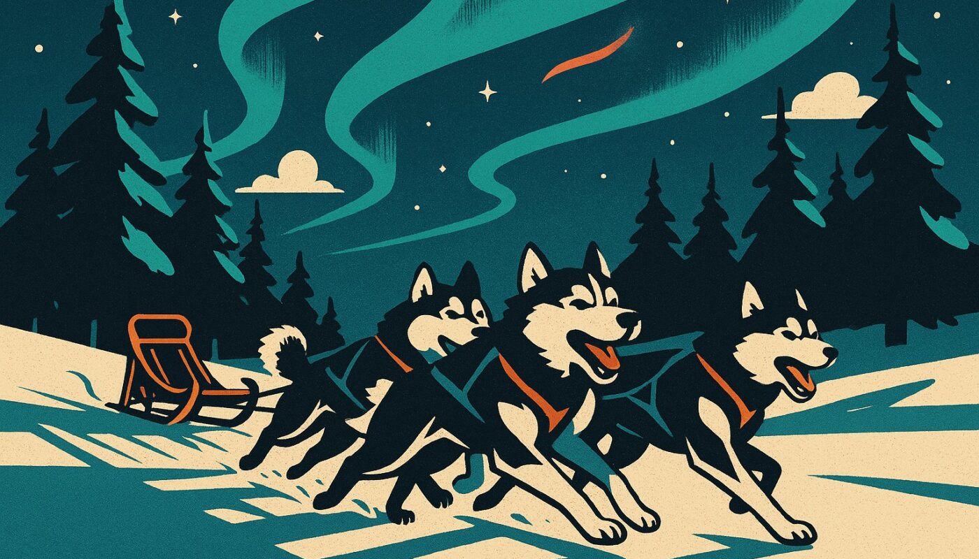 Traineau de chiens huskies filant sous une aurore boreale en Laponie, illustration affiche vintage