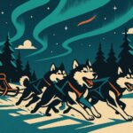 Traineau de chiens huskies filant sous une aurore boreale en Laponie, illustration affiche vintage