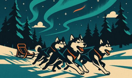 Traineau de chiens huskies filant sous une aurore boreale en Laponie, illustration affiche vintage