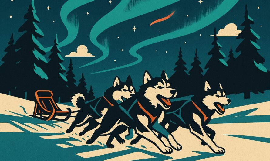 Traineau de chiens huskies filant sous une aurore boreale en Laponie, illustration affiche vintage