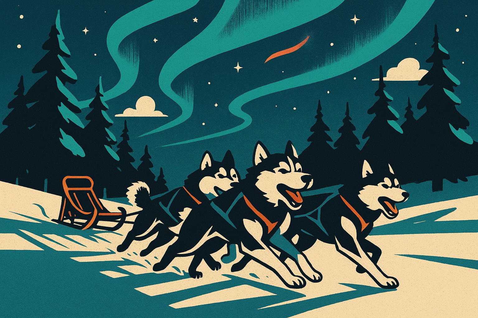 Traineau de chiens huskies filant sous une aurore boreale en Laponie, illustration affiche vintage