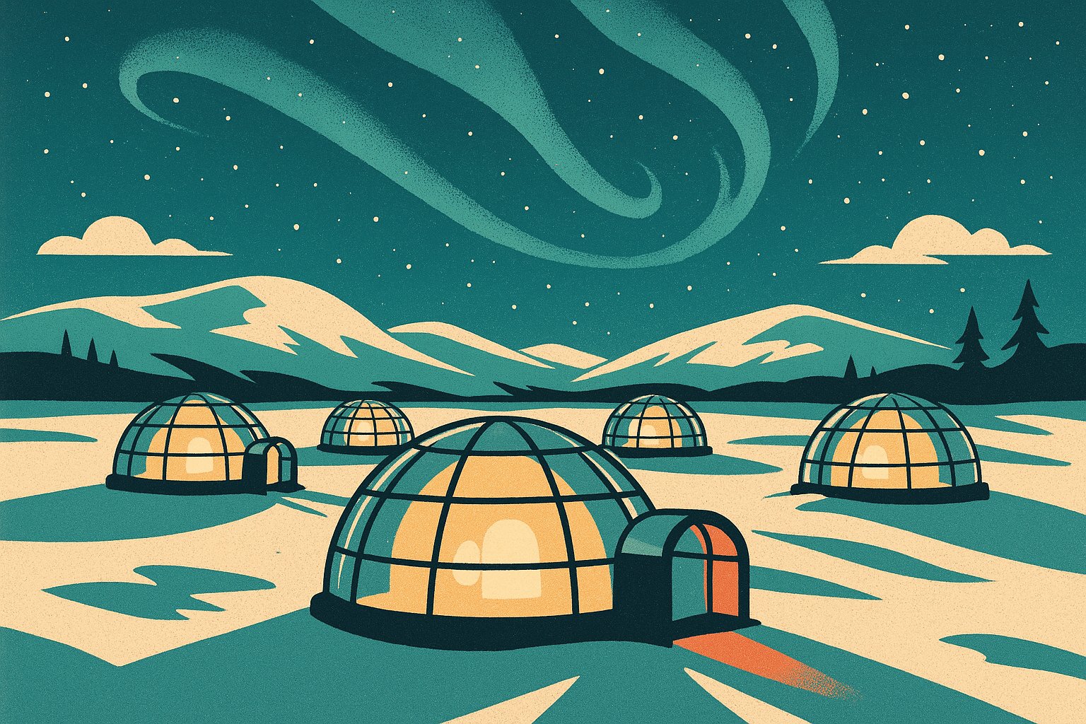 Igloos de verre eclaires sous une aurore boreale en Laponie