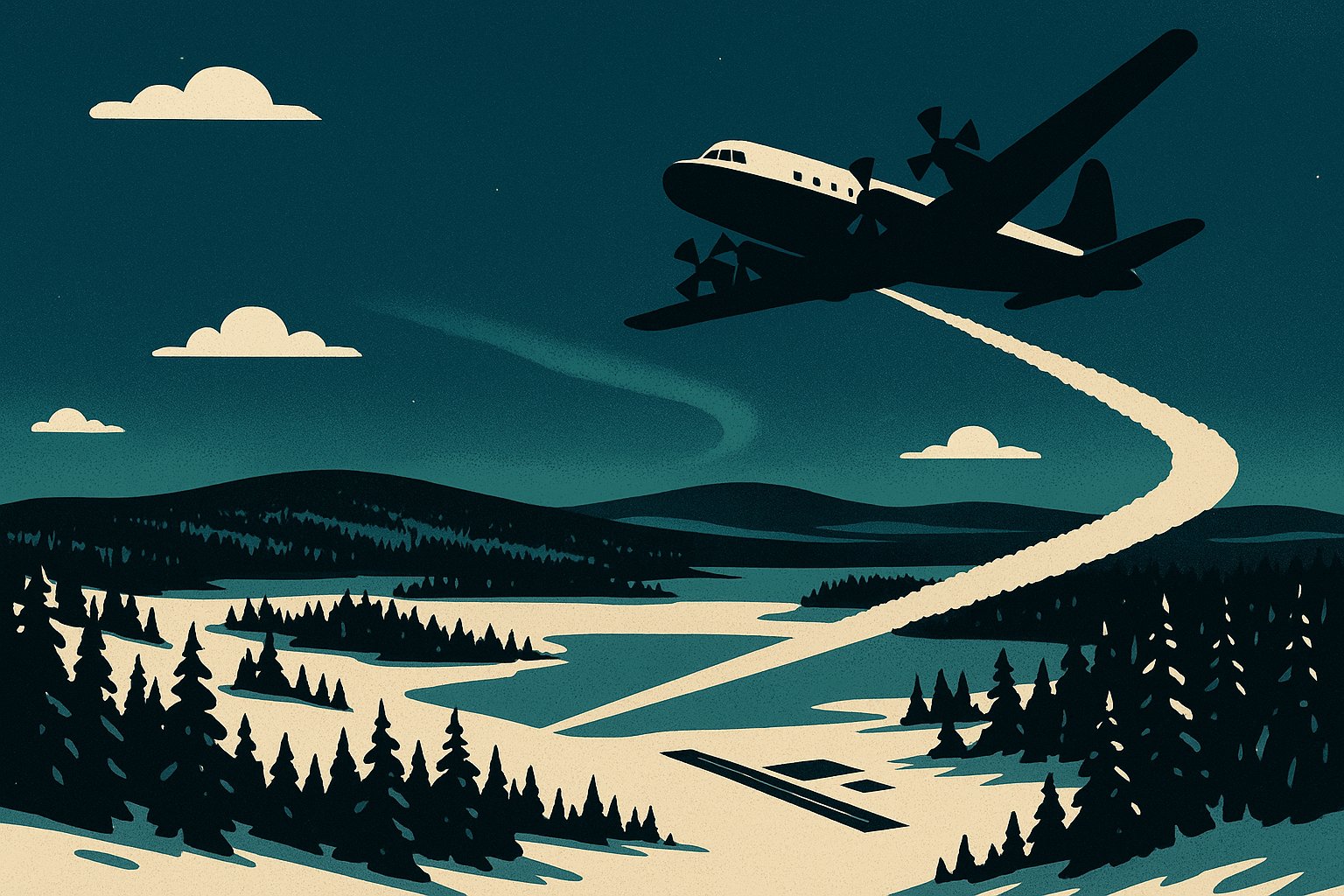 Avion survolant une foret enneigee de Laponie, illustration du vol direct inclus