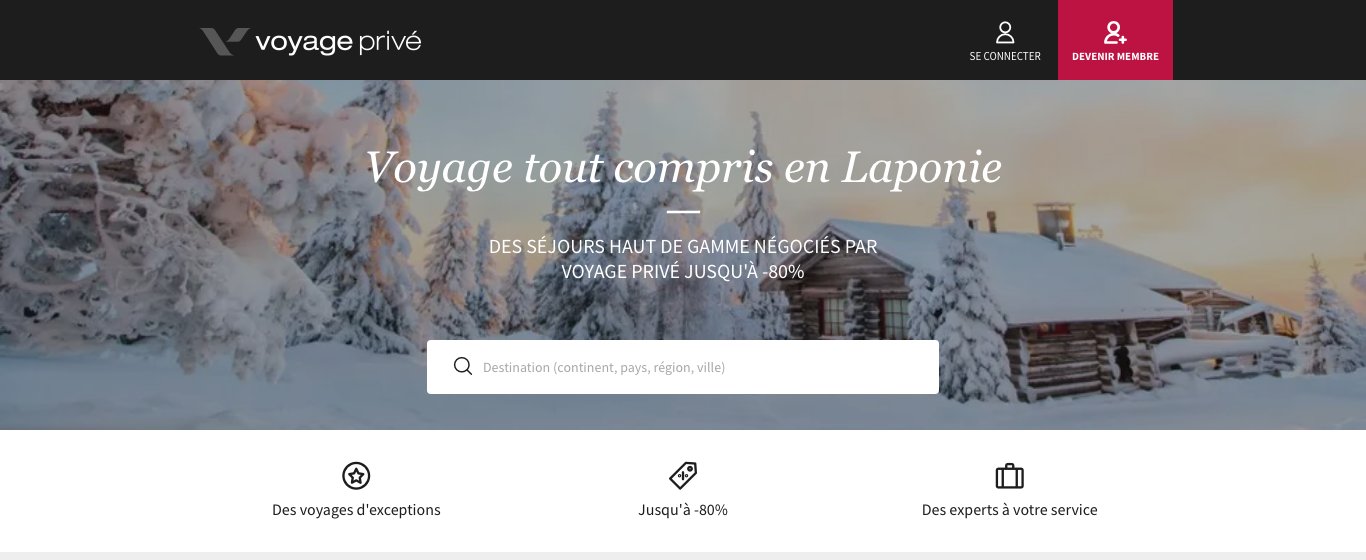 Page d'offres de voyage tout compris en Laponie sur le site d'une agence de voyages