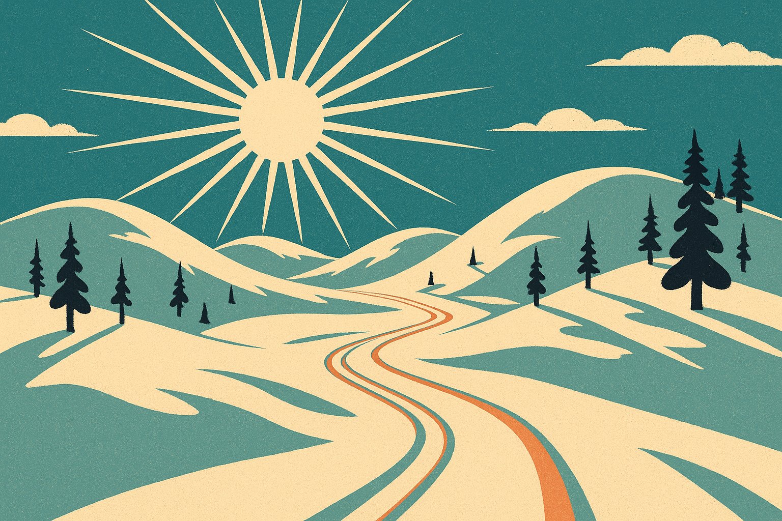 Soleil arctique bas au-dessus de collines enneigees de Laponie au mois de mars