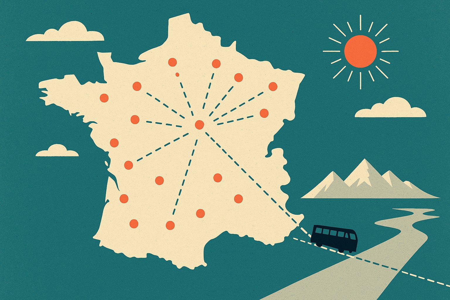 Carte stylisée de France avec les points de ramassage et l'itinéraire en pointillés d'un voyage en autocar vers l'Europe