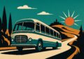 Illustration vintage d un autocar de grand tourisme sur une route de campagne au soleil couchant