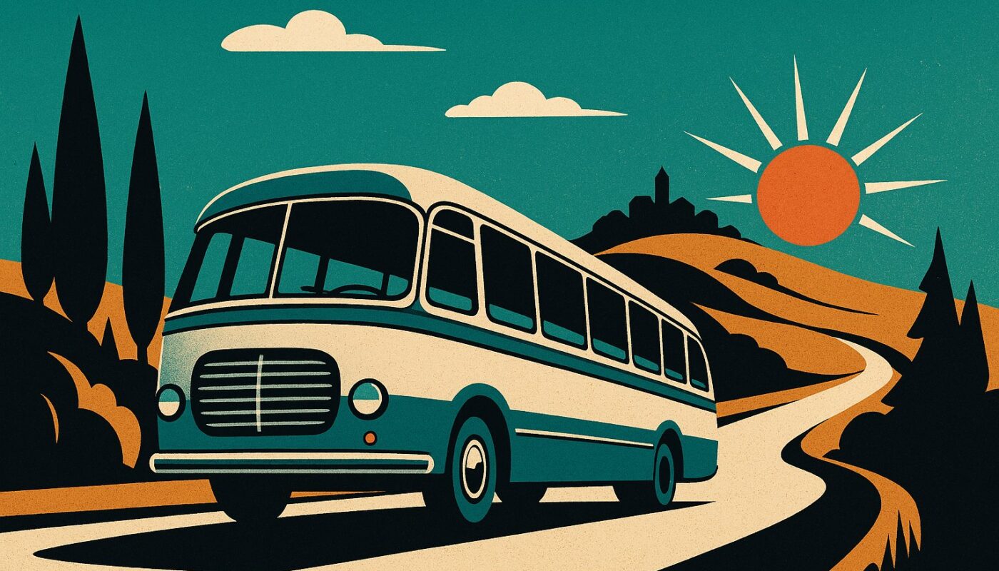 Illustration vintage d un autocar de grand tourisme sur une route de campagne au soleil couchant
