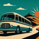 Illustration vintage d un autocar de grand tourisme sur une route de campagne au soleil couchant
