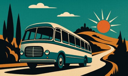 Illustration vintage d un autocar de grand tourisme sur une route de campagne au soleil couchant