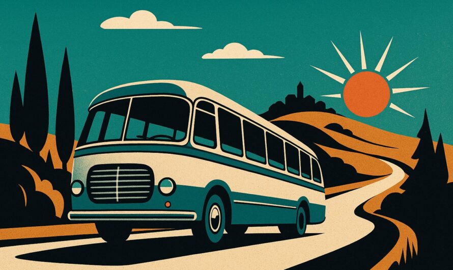 Illustration vintage d un autocar de grand tourisme sur une route de campagne au soleil couchant