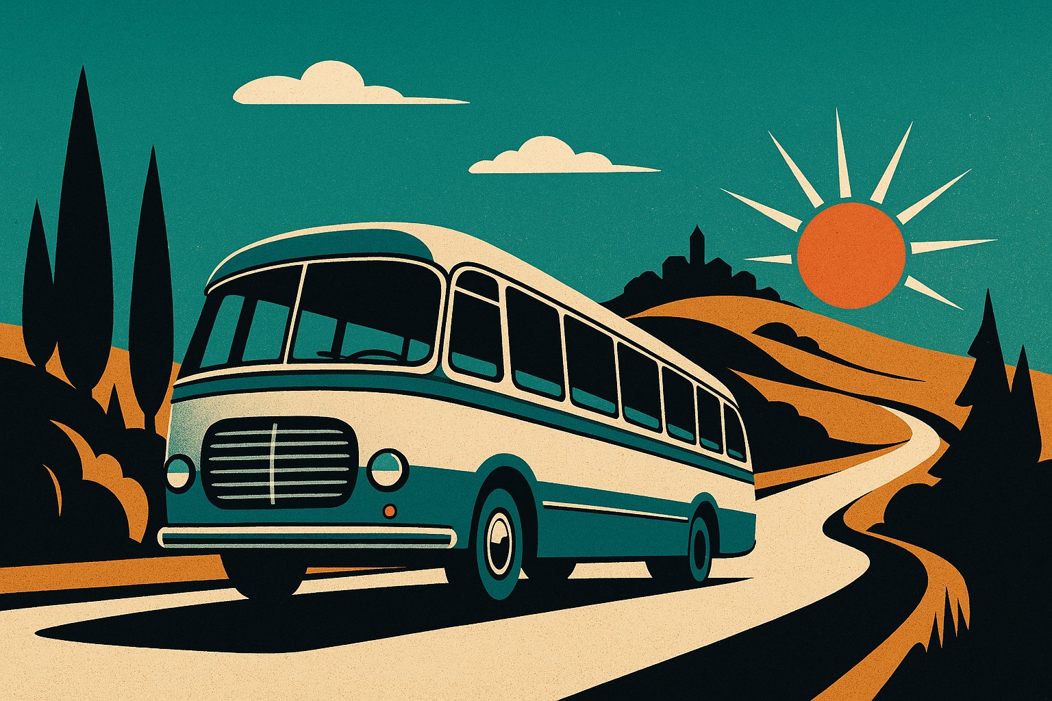 Illustration vintage d un autocar de grand tourisme sur une route de campagne au soleil couchant