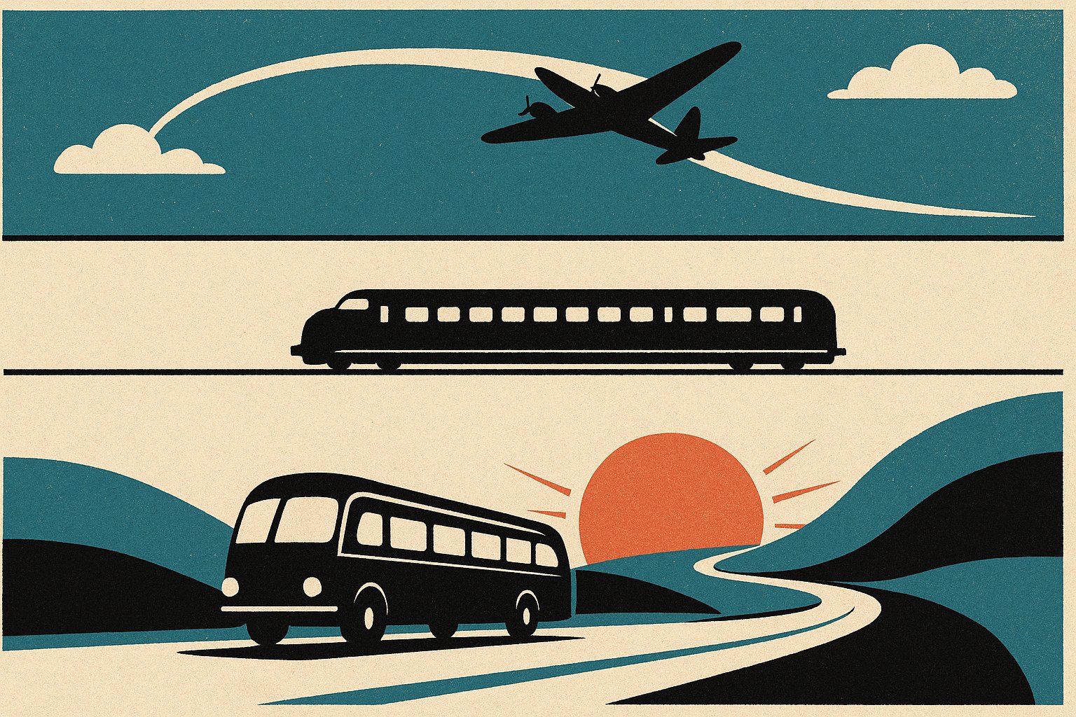 Illustration comparant trois modes de transport, avion, train et autocar, pour un voyage organisé