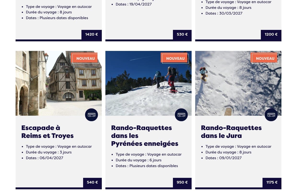 Capture d'écran du catalogue de voyages en autocar de Fouché Travel avec durées et prix par personne
