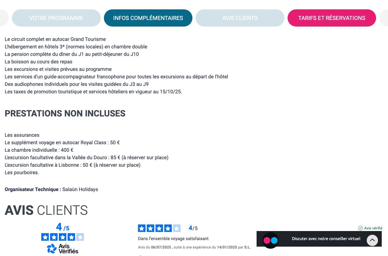 Capture d'écran des prestations incluses et non incluses d'un circuit en autocar sur le site Salaün Holidays