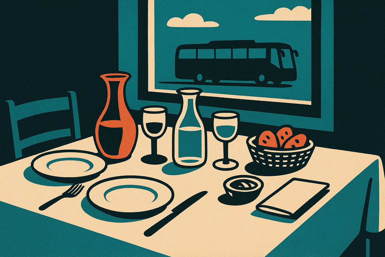 Illustration d'une table d'hôtel dressée en pension complète avec carafes de vin et d'eau, un autocar visible par la fenêtre