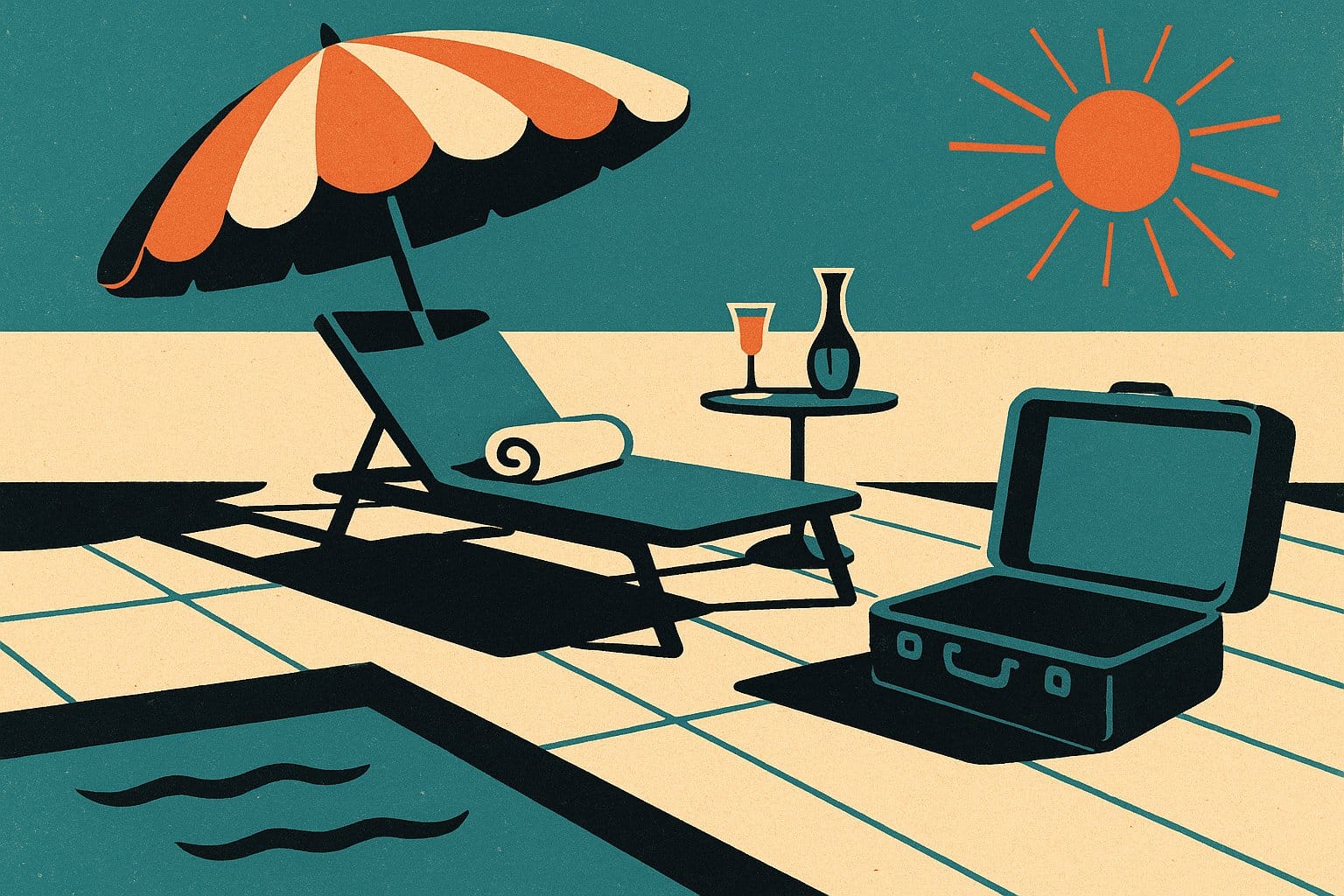Illustration vintage d une terrasse de club de vacances avec parasol transat verre et valise ouverte