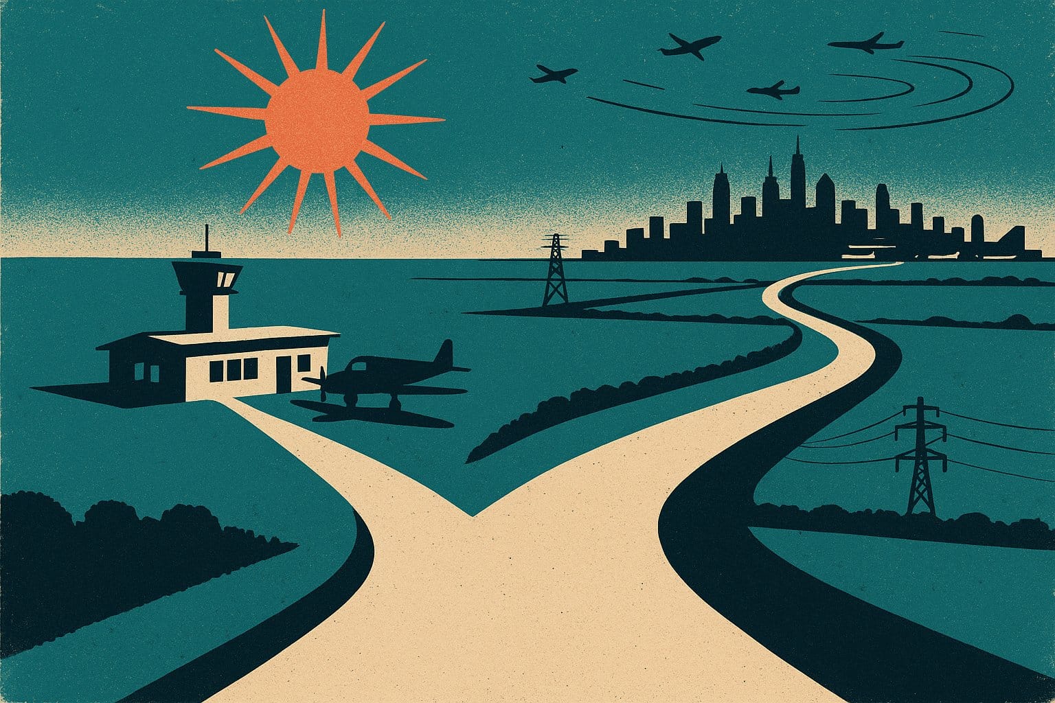 Illustration vintage d une route qui bifurque vers un petit aeroport de proximite ou vers une grande ville lointaine