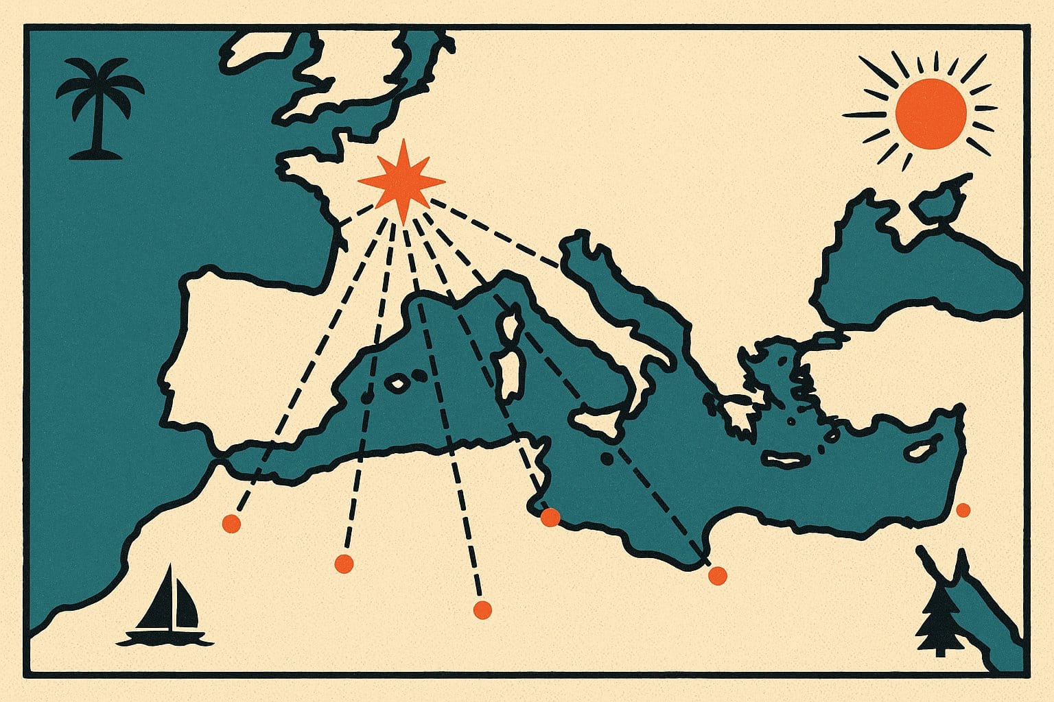 Carte illustree des liaisons en eventail depuis la Normandie vers la Mediterranee et le Maghreb