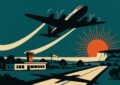 Illustration vintage d un avion a helices decollant d un petit aeroport de campagne normand au soleil couchant