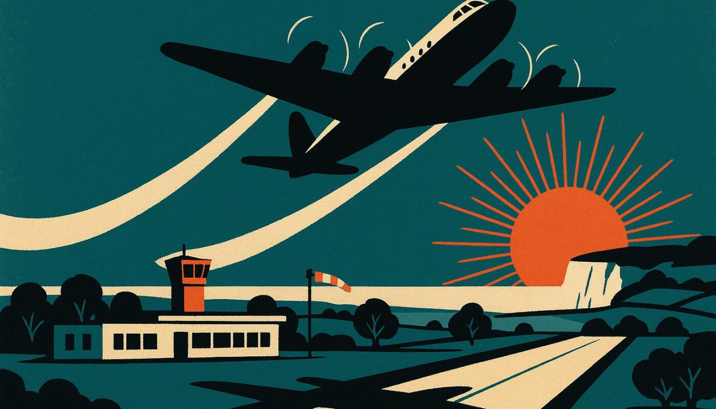 Illustration vintage d un avion a helices decollant d un petit aeroport de campagne normand au soleil couchant