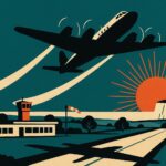 Illustration vintage d un avion a helices decollant d un petit aeroport de campagne normand au soleil couchant