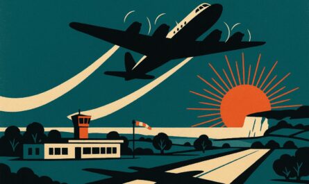 Illustration vintage d un avion a helices decollant d un petit aeroport de campagne normand au soleil couchant
