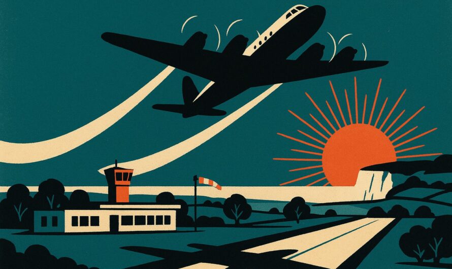 Illustration vintage d un avion a helices decollant d un petit aeroport de campagne normand au soleil couchant