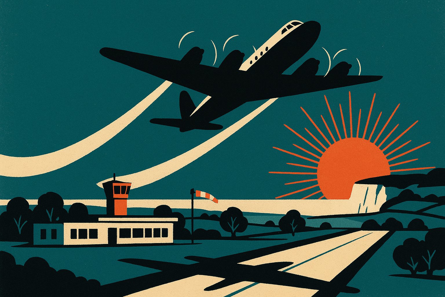 Illustration vintage d un avion a helices decollant d un petit aeroport de campagne normand au soleil couchant