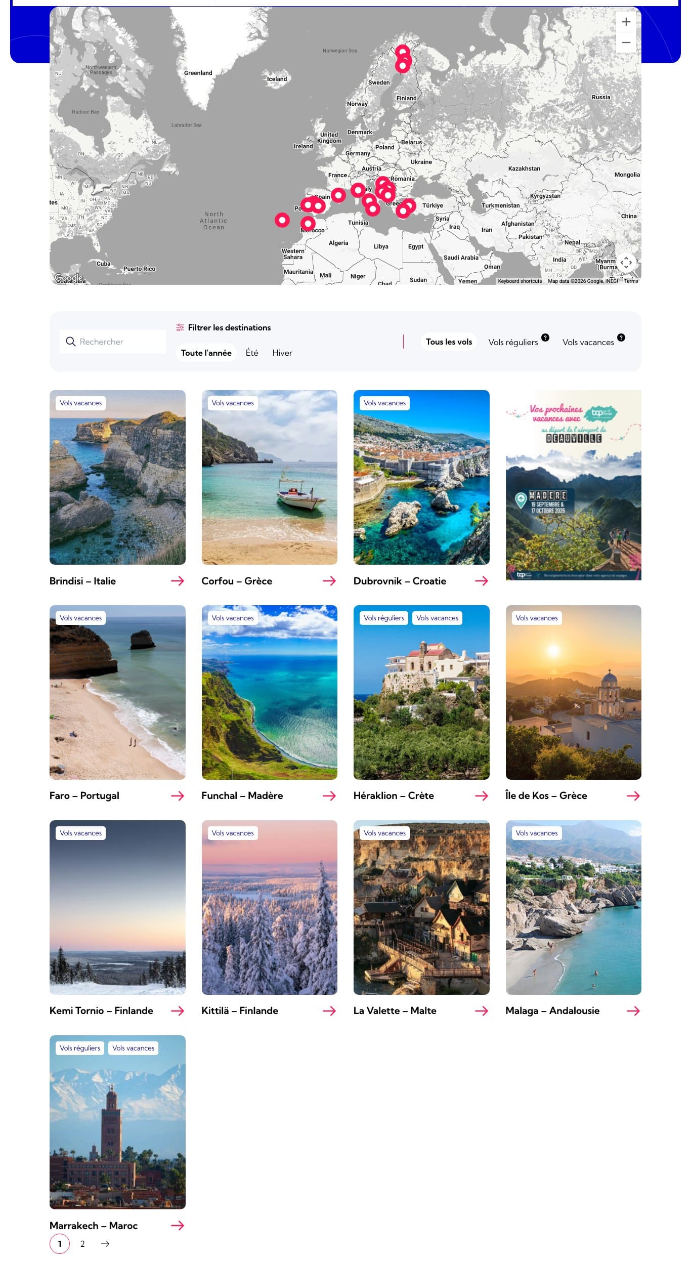 Capture de la page des destinations de l aeroport de Deauville Normandie avec les etiquettes vols reguliers et vols vacances
