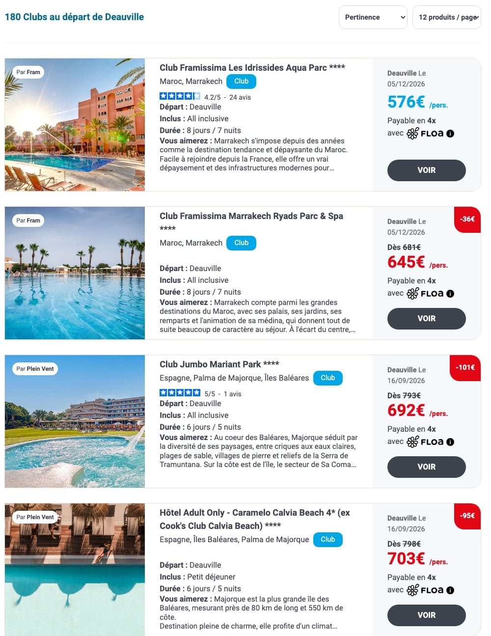 Liste de clubs au départ de Deauville chez Salaun Holidays avec les prix par personne et les dates de depart