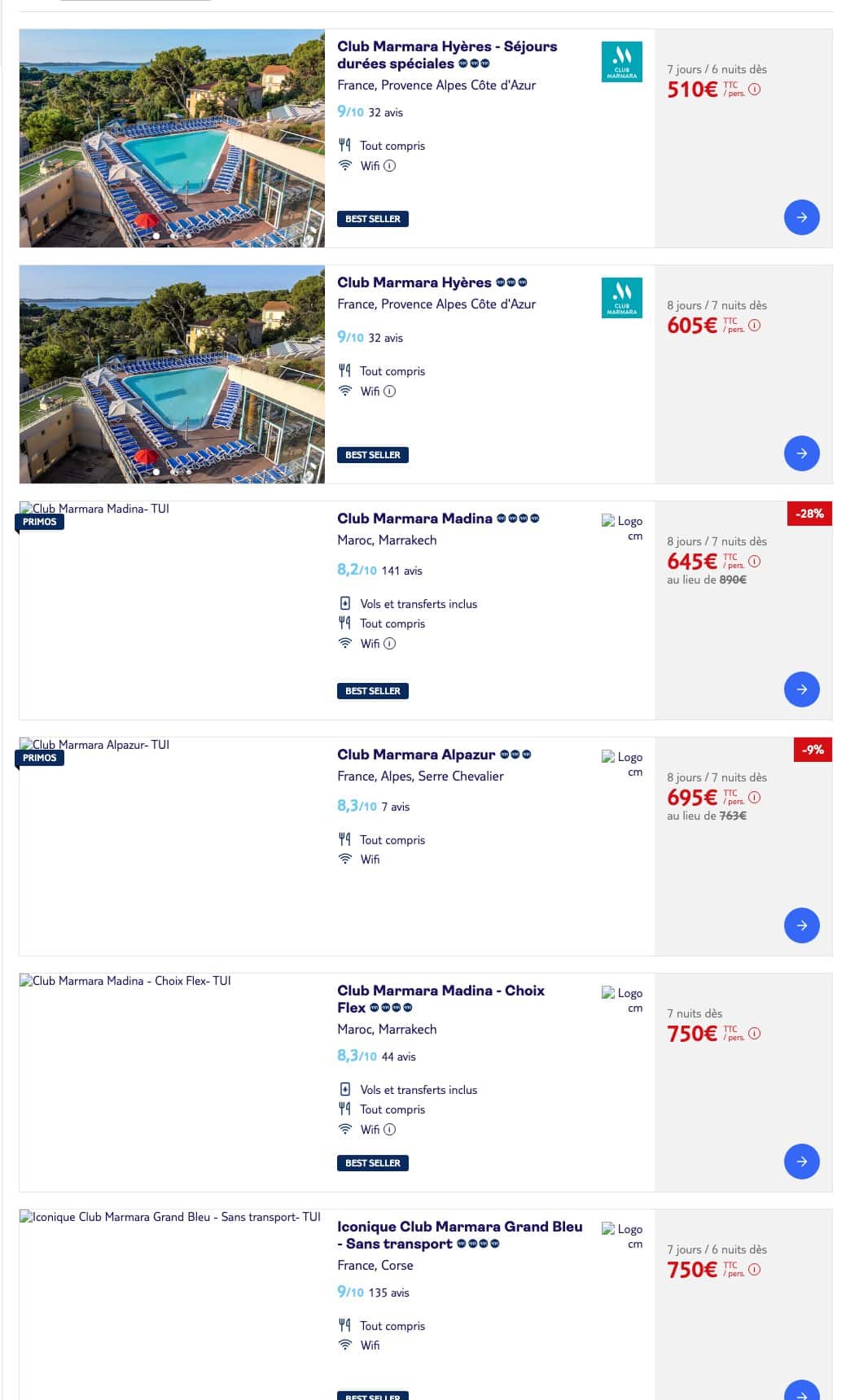 Liste TUI des voyages tout compris au depart de Deauville avec les prix par personne