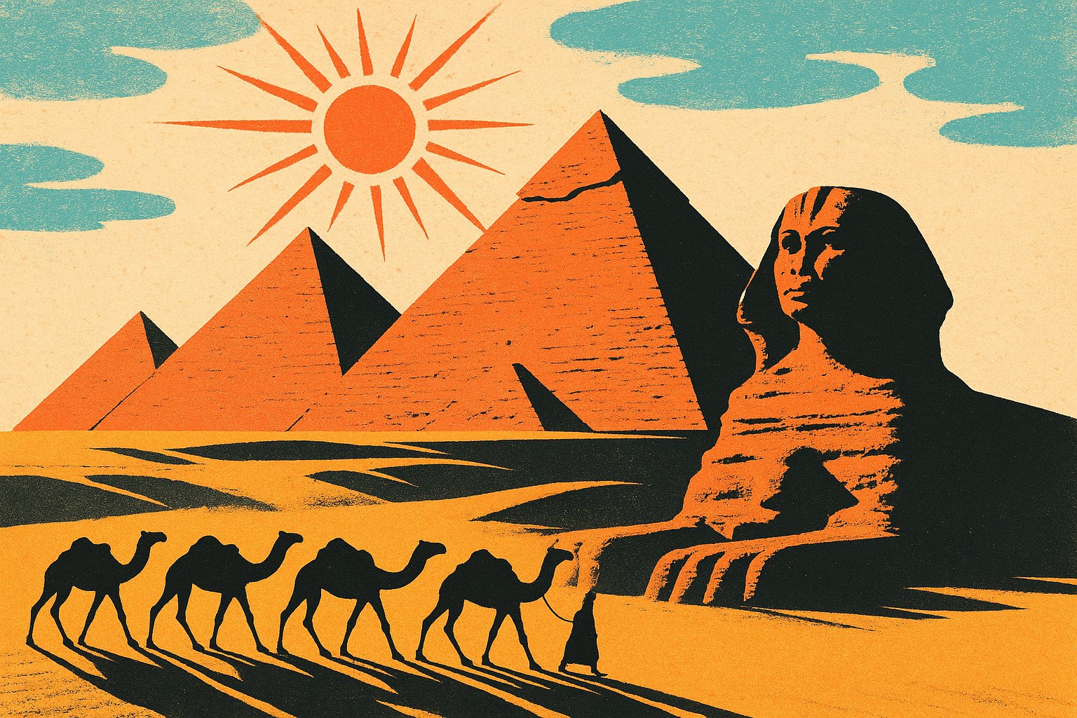 Affiche vintage des pyramides de Gizeh et du Sphinx avec une caravane de chameaux stylisée