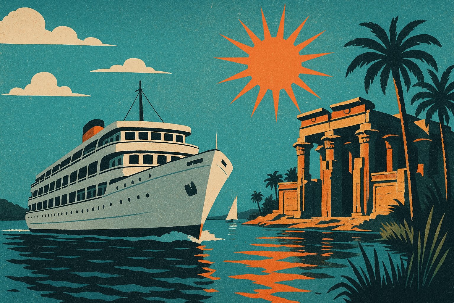 Affiche vintage d'un bateau de croisière naviguant sur le Nil devant un temple égyptien aux hautes colonnes