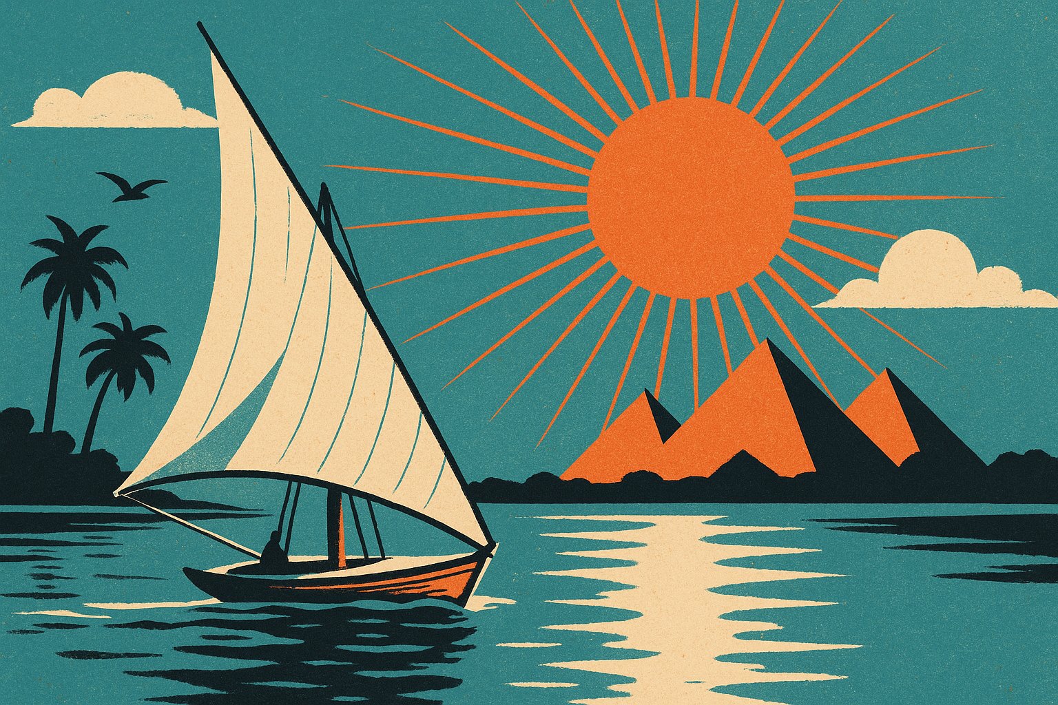 Felouque sur le Nil devant les pyramides de Gizeh, illustration du combine Caire et croisiere