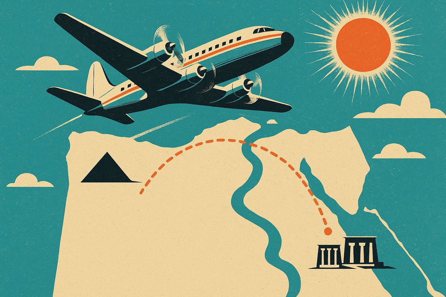 Affiche vintage d'un avion rétro survolant le Nil avec une trajectoire pointillée reliant Le Caire au sud de l'Égypte